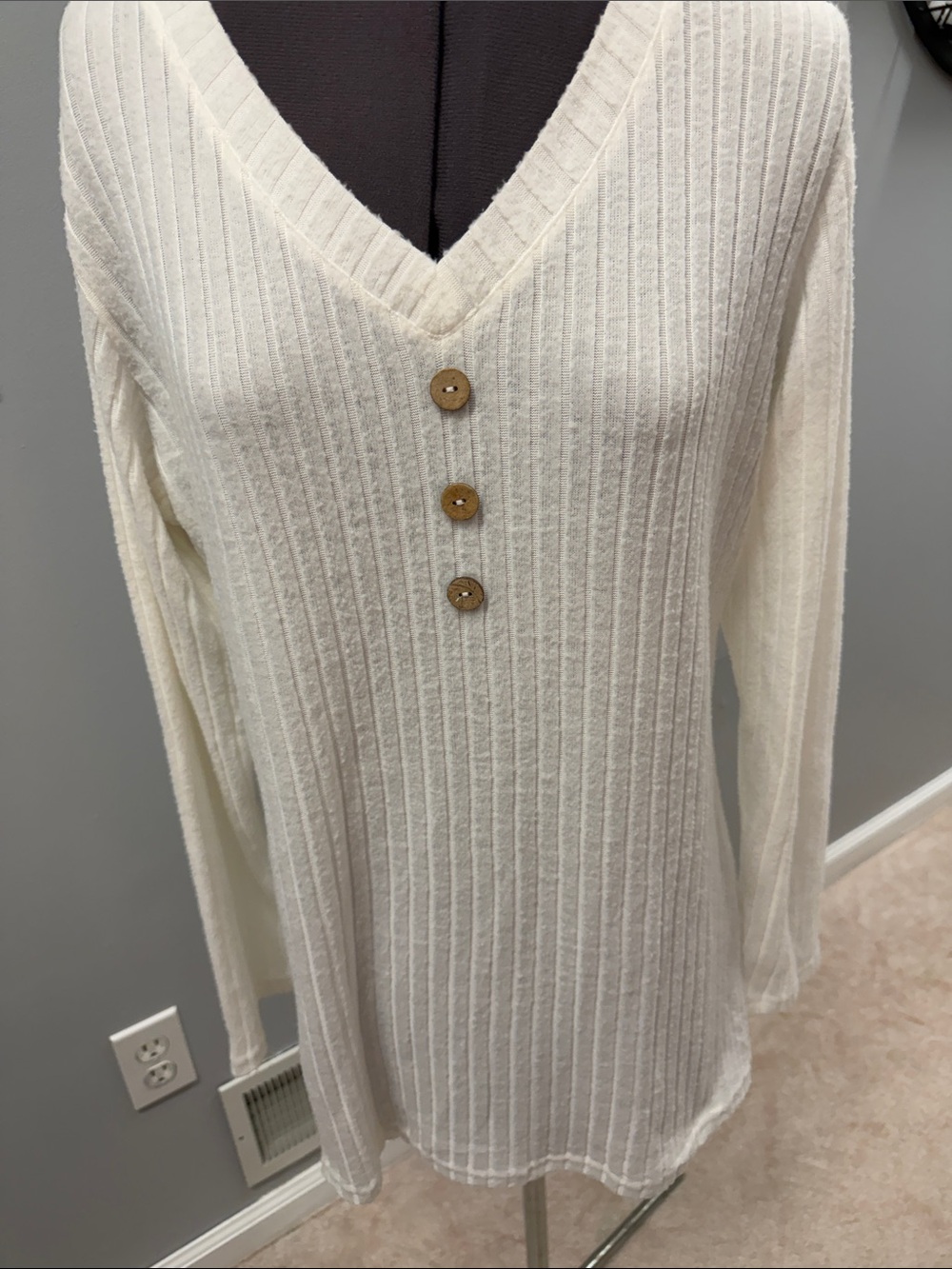 Cream Ribbed V-Neck Top with Wooden Buttons